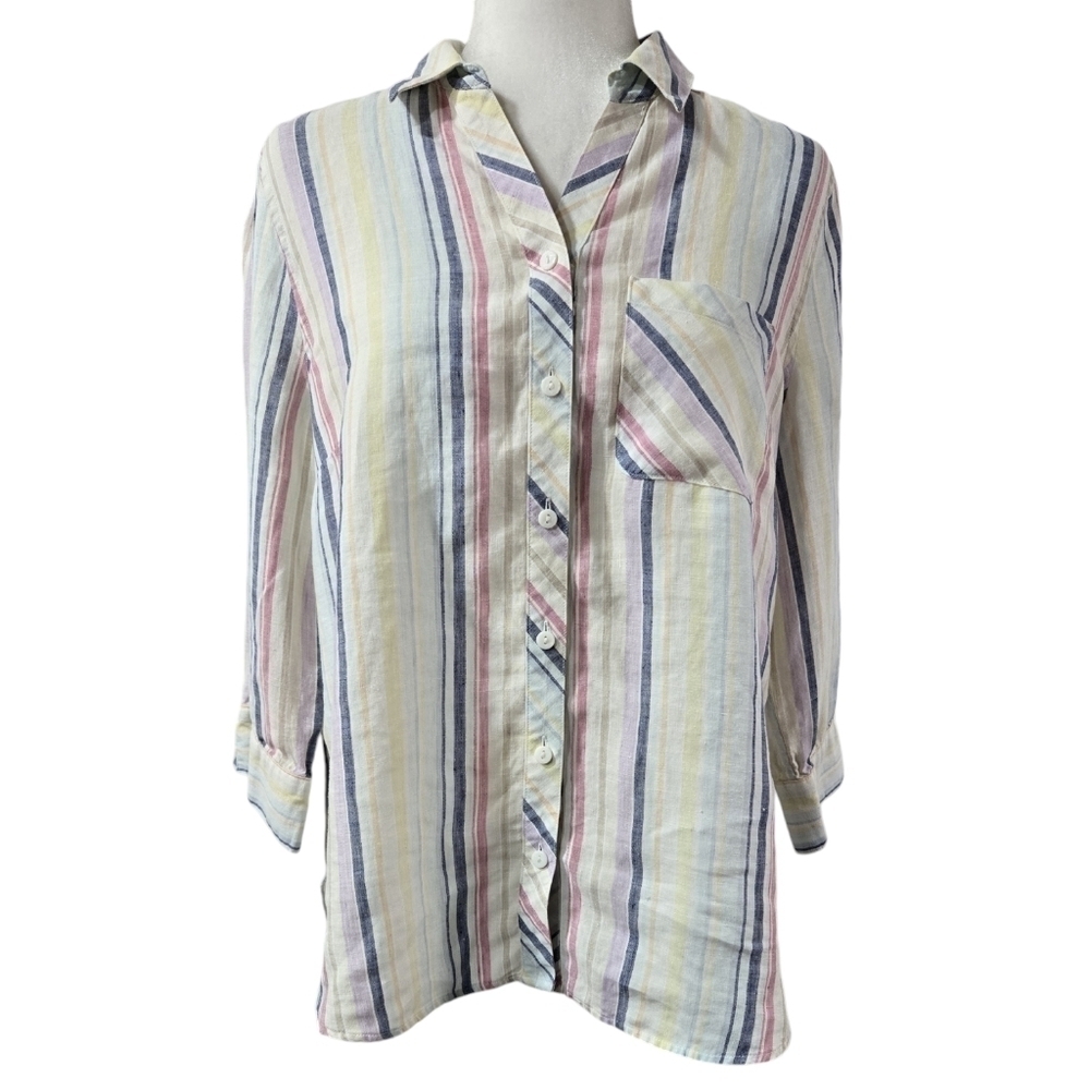 Chico's No Iron 100% Linen Multicolor Pastel Stripe Button-Up Shirt Office